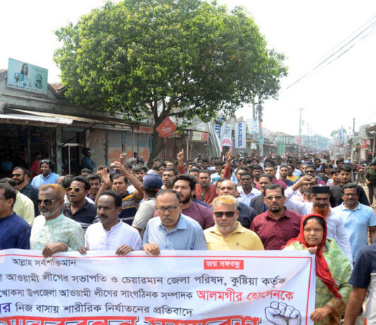 জেলা আঃলীগের সভপতিকে গ্রেফতার ও অপসারণের দাবিতে মানববন্ধন